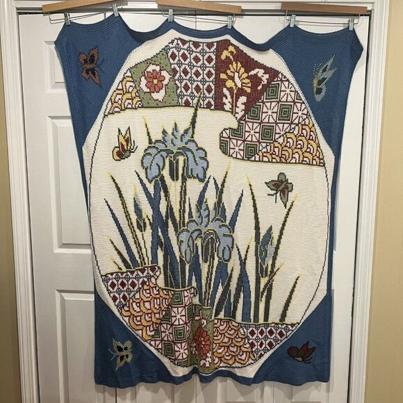 Handmade Afghan Throw Knit Blanket Blue Floral Butterfly Cross Stitch 64 x 54" - Picture 2 of 9